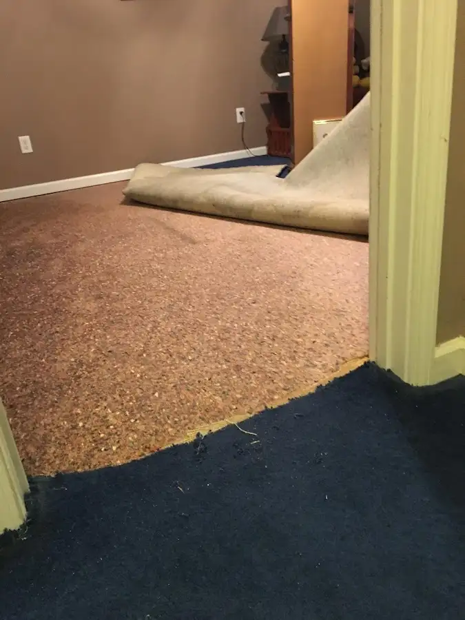 Carpet pad removal revealing water damage during Drying & Dehumidification in Warner Robins